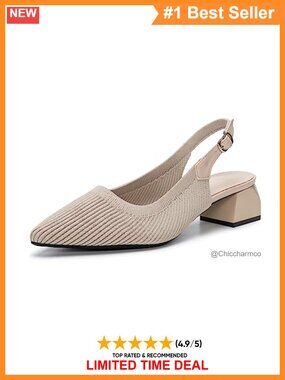 Knitted Slingback Heels Adjustable Buckle Pointed Toe Block Heel Office Casual